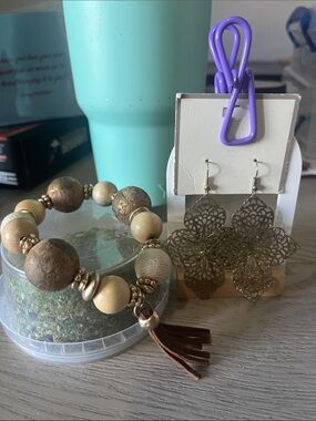 Women's Gold Filigree Earrings and Brown Bead Tassel Bracelet Set